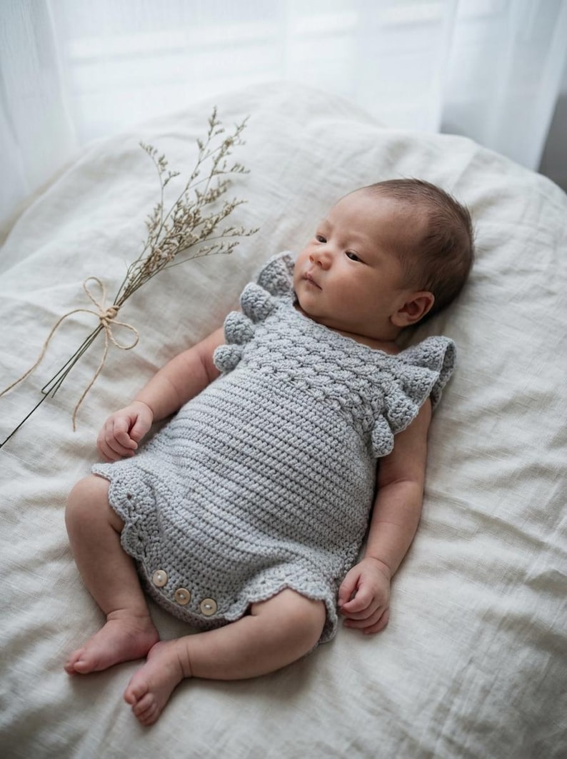 May include: A light gray crocheted romper featuring a textured bodice with ruffled sleeves and a scalloped hemline. The garment includes three small, round, light-colored buttons at the bottom center, providing a functional closure for the leg openings.