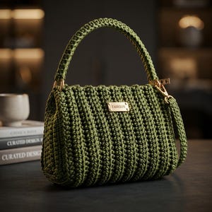 May include: A green crochet handbag with a structured design. The bag features a top handle and a detachable shoulder strap. A small gold-coloured rectangular tag with the word "FASHION" is attached to the front. The bag is made of a thick, textured yarn.