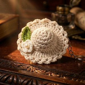 Puede incluir: Un mini sombrero de ganchillo color crema con una hoja verde y una flor blanca, sujeto a un llavero. El artículo se exhibe sobre una superficie de madera oscura.
