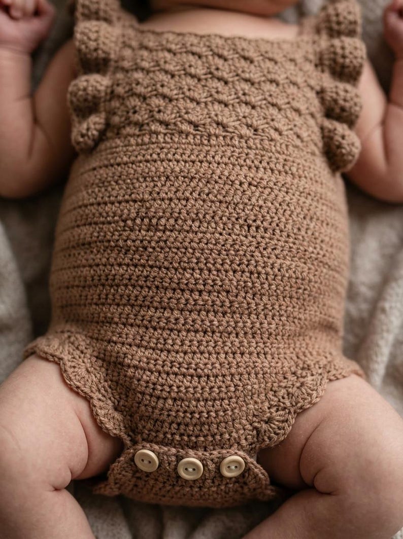 May include: A light brown crochet romper featuring a textured bodice with ruffled shoulder straps and a scalloped leg opening. The garment is secured at the bottom with three light-colored circular buttons, showcasing a detailed stitch pattern.