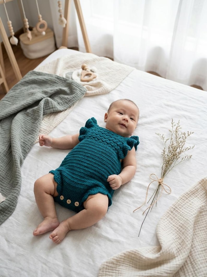 May include: A dark teal crochet baby romper featuring ruffled sleeves, a textured bodice, and three light-colored wooden buttons at the bottom. The garment is sleeveless with a round neckline and a ribbed knit pattern throughout the main body.