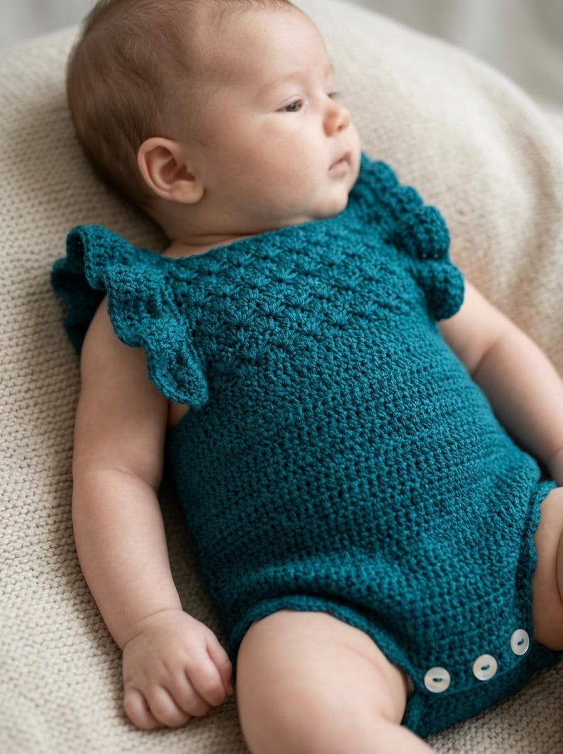 May include: A teal crochet romper featuring ruffled sleeves and a textured stitch pattern. The garment includes three white buttons at the bottom closure, providing a secure fit. The piece is crafted with a deep, solid teal yarn throughout.