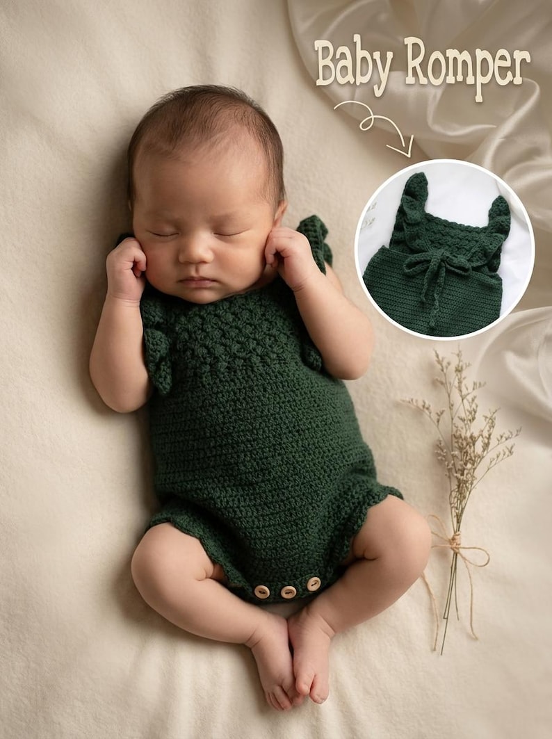 May include: A dark green crochet baby romper featuring ruffled shoulder straps, a textured bodice, and three small wooden buttons at the bottom. The text Baby Romper is visible in the upper right corner with an arrow pointing to the garment.