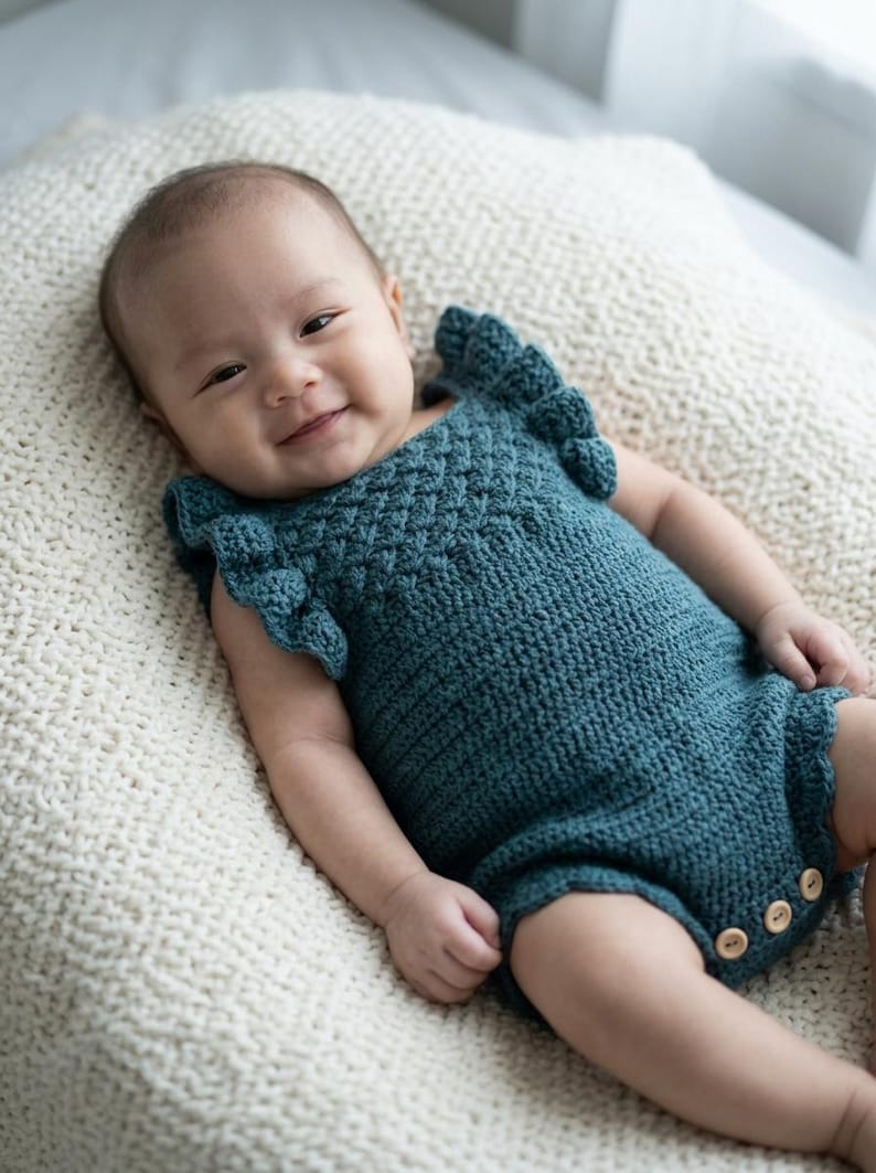 May include: A dark teal crochet romper featuring a textured diamond pattern on the bodice, ruffled sleeves, and three small wooden buttons at the bottom leg opening. The garment is crafted with a visible knit stitch and has a fitted silhouette.