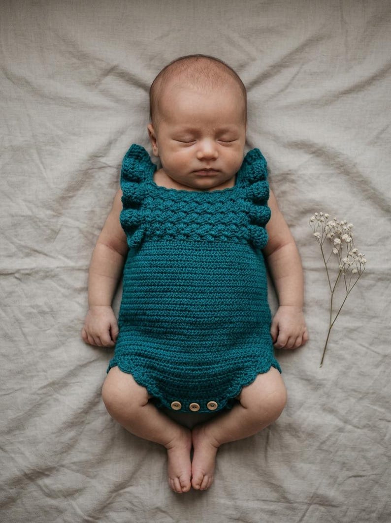 May include: A teal crochet baby romper featuring a textured bodice with ruffled shoulder straps and a scalloped leg opening. The garment is secured at the bottom with three small, light-colored wooden buttons, providing a functional closure.