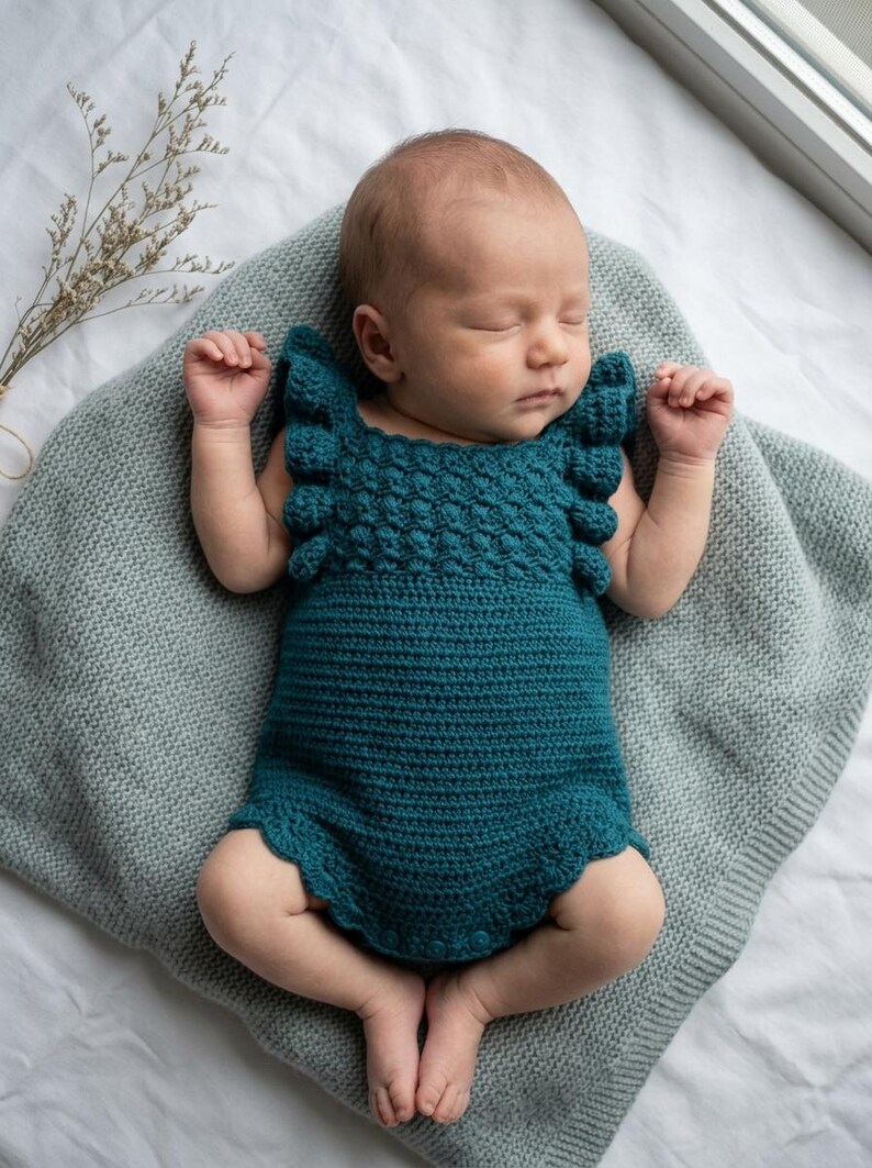 May include: A teal crochet baby romper featuring a textured bobble stitch bodice, ruffled shoulder straps, and a scalloped leg opening. The garment is crafted with a solid stitch pattern on the lower section and includes small circular buttons.