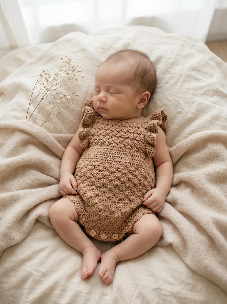 May include: A tan crochet romper featuring a textured shell stitch pattern, ruffled shoulder straps, and three small wooden buttons at the bottom. The garment is crafted with a fitted waistband and a scalloped edge design, providing a detailed look.
