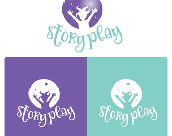 May include: Logo design featuring a silhouette of a figure with outstretched arms inside a purple sphere with stars. The word "Storyplay" is written in a whimsical, light blue font. Additional versions of the logo are shown on purple and teal backgrounds.