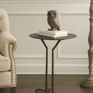 May include: A dark brown metal side table with a round top and three legs shaped like bird talons. A textured dark brown owl figurine sits on top of two stacked white books placed in the centre of the table surface, creating a focal point.