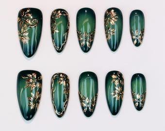 Green Ombre & Gold Floral Almond Press On Nails | Hand-painted Leaf Design | Luxury Nail Art/Party Nails/Festival Nails/Birthday Gift Nails