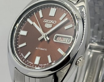 Automatyczny zegarek Seiko 5, tarcza sunburst, dzień i data, vintage, wyprodukowany w Japonii