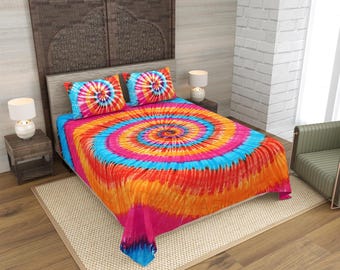 Multicolor Tie Dye Bedsheet Set, Rainbow Spiral Bedding, Boho Hippie Bedspread.