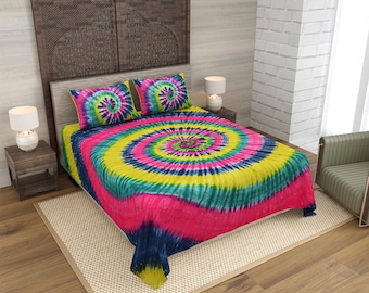Rainbow Tie Dye Bedsheet, Colorful Boho Bedding Set, Spiral Pattern Bedspread.