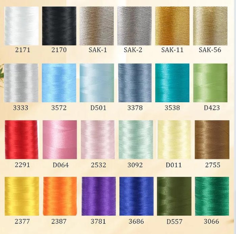 K&ouml;nnte beinhalten: Eine Farbkarte mit Stickgarnspulen in verschiedenen Farben, darunter Wei&szlig;, Schwarz, Silber, Gold, Blau, Gr&uuml;n, Rot, Rosa und Gelb. Jede Spule ist mit einer eindeutigen Nummer oder einem Code versehen.