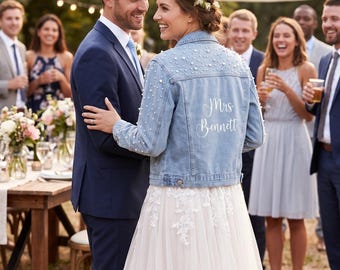 Pearl Studded Custom Embroidered Mrs Bride Denim Jacket, Personalized Wedding Bridal Jean Jacket