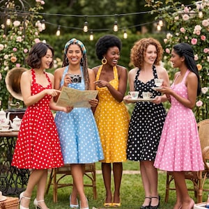 May include: Five women in polka dot dresses of various colours, including red, blue, yellow, black, and pink, are gathered outdoors. They are smiling and holding a map, camera, and teacups in a garden setting with fairy lights.