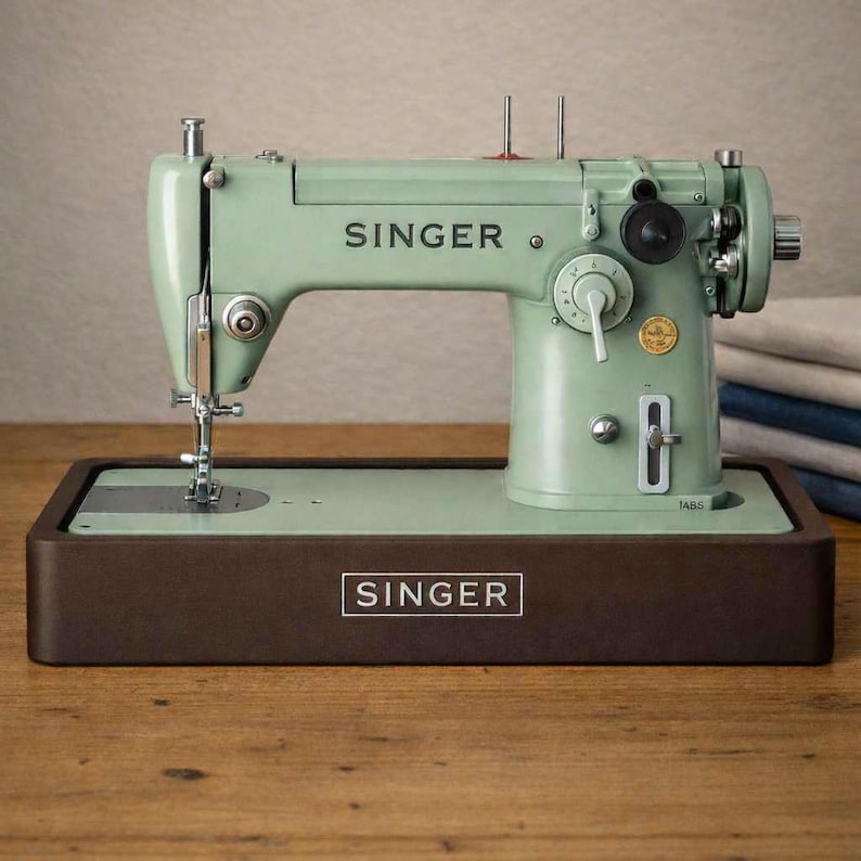 Könnte beinhalten: Eine Vintage Singer Nähmaschine in Mintgrün, auf einem dunkelbraunen Sockel. Die Maschine hat das Singer-Logo auf der Vorder- und Oberseite. Die Maschine steht auf einer Holzoberfläche. SINGER 201 306 316 319 215r