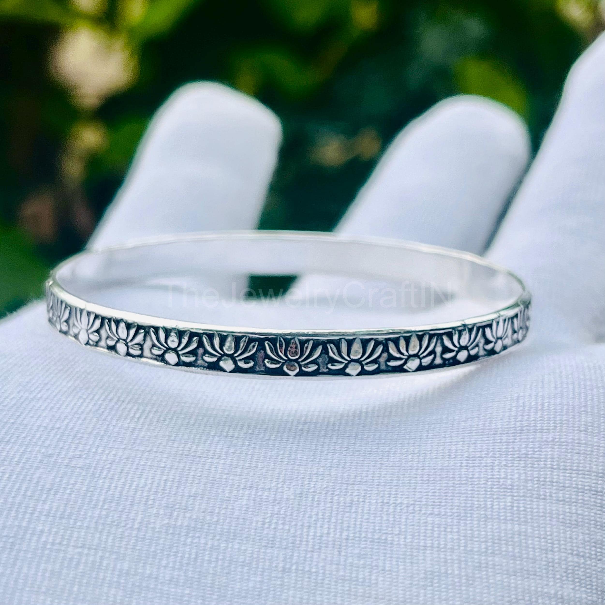 Handmade Lotus Flower 925 Sterling Silver Bangle Bracelet