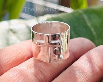Handmade Hammered Silver Cross Band Ring – Wide Christian Statement Ring for Men & Women