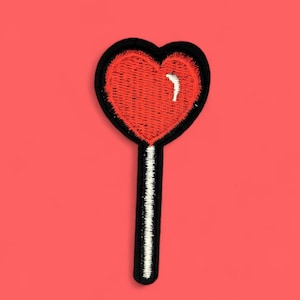 Toppa termoadesiva a forma di cuore lecca-lecca | Toppa per abbigliamento | Lecca-lecca a forma di cuore rosso | Toppa termoadesiva a forma di lecca-lecca | Ricamo termoadesivo