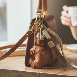 Schlüsselanhänger Croissant & Coffee in Braun | Deluxe Bag Charm | French Café Style Keychain | Geschenkidee und Mitbringsel