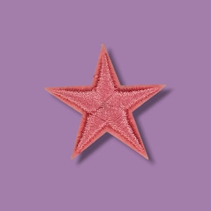 Könnte beinhalten: Ein pinkfarbener, gestickter Stern-Aufnäher mit einem fünfzackigen Design. Der Stern ist vor einem lila Hintergrund platziert, was einen kontrastierenden visuellen Effekt erzeugt. Der Aufnäher hat ein strukturiertes Aussehen, das auf eine Stoff- oder Fadenkonstruktion hindeutet.