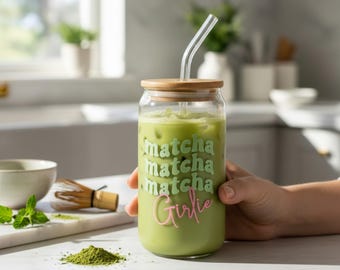 Matcha drinking glass with bamboo lid and straw | Gift for girlfriend & matcha girl | Drinkware for matcha lovers