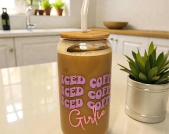 Iced Coffee Girlie Drinking Glass | Glass with Bamboo Lid and Straw | Gift Idea for Friends & Coffee Lovers