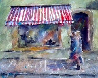 Storefront, street scene, bakery, couple, architecture, green, red awning. Walking By the Bakery. - Original Watercolor Painting 16" x 12".