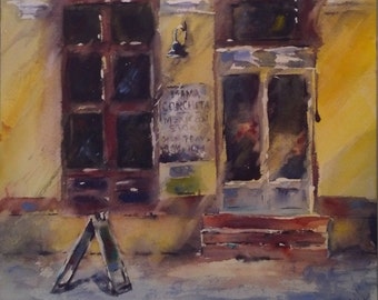 Storefront, street scene, architecture, yellow. Mama Conchitas. - Original Watercolor Painting 16" x 12".