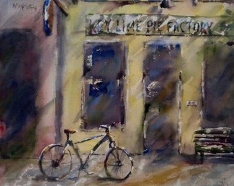 Storefront, street scene, architecture, yellow, bicycle. Key Lime Pie Factory. - Original Watercolor Painting 12" x 12".