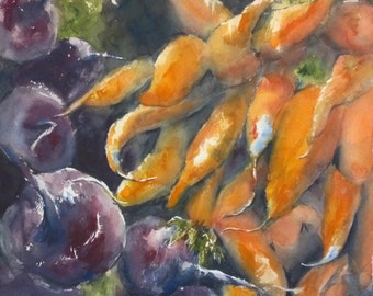 Vegetables, purple, orange, kitchen art, green. Beets and Carrots- Original watercolor painting (12" x 12").
