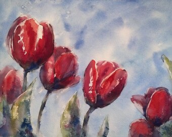 Tulips, red, floral, kitchen art, blue. Tulips Uprising- Original watercolor painting (9" x 12").