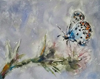 butterfly, flower, blue, orange, pink, nature Art. Original watercolor painting (6" x 8"). Happy Spring