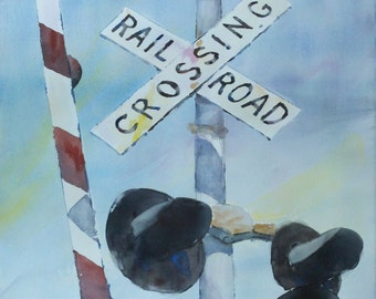 Train art, rail road, engines, crossing, traffic signs, children art. Train is Coming- Original Watercolor Painting. 30" x 22.