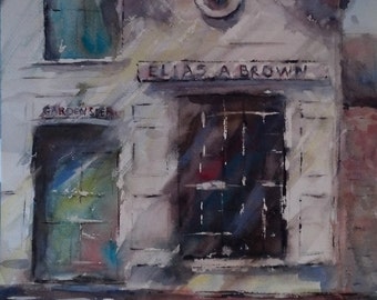 Storefront, street scene, feed store, architecture, green, white. Browns Garden Feed Store. - Original Watercolor Painting 16" x 12".