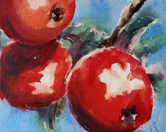 still life, apples, fruit, kitchen art, red, green, blue sky. Red Apples III- Original watercolor painting (6" x 6").