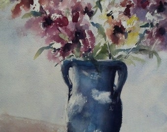 Still life, floral, astromeria, blue, green, pink , yellow. Blue Vase and Astromeria- Original Watercolor Painting 12" x 9".