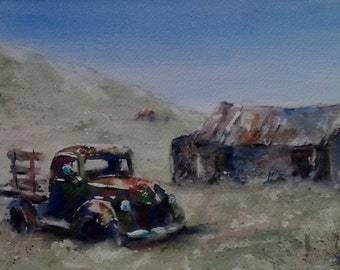 Old truck, barn, landscape, ghost town. Abandoned, Bodie, California- Original Watercolor Painting 7" x 10".