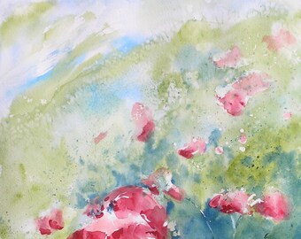 Landscape, poppy, red, flowers, floral, green. Poppies II- Original Watercolor Paintings 20" x 14".