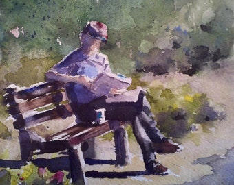 Figurative, man, coffee, park bench, newspaper, red hat. Morning Ritual- Original Watercolor Painting (6" X 6").