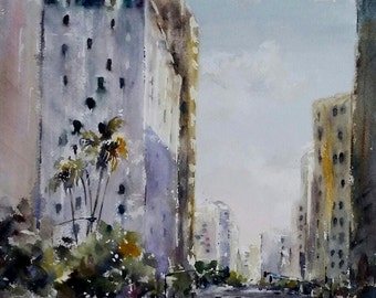 Los Angeles, street scene, light, urban, architecture, violet, yellow. Wilshire and Westwood Blvd- Original Watercolor Painting 16" x 12".