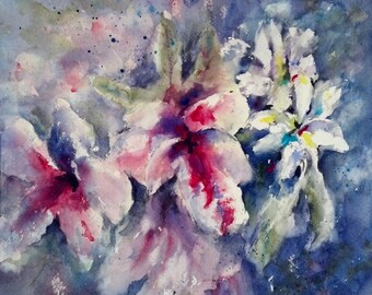 Floral art, purple, azalea, flower, lavendar, yellow, pink macro. Terris Azaleas- Original watercolor painting (12" x 12").