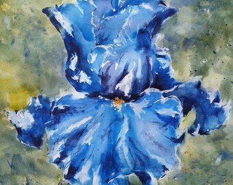 Floral, flowers, macro, Iris, blue.All About Blue iris Original Watercolor Painting 20" x 20".