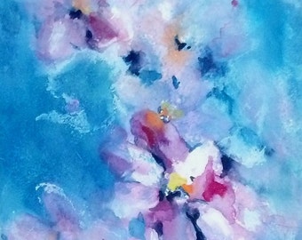 Still life, floral, pink, flower, blue, Cosmo flowers- Cosmos- Original Watercolor Painting 6" x 9.5".SALE.