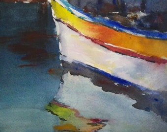 Nautical art, boat, reflection, harbor. A Summers Day-original watercolor painting (6" x 6").