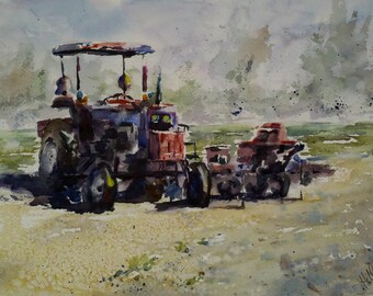 Old truck, tractor, barn, landscape, The Workhorse- Original Watercolor Painting 9" x 12".