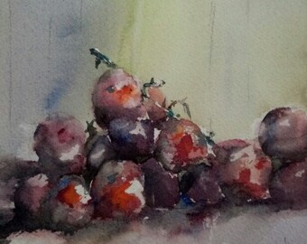still life, grapes, shadow. Holiday Grapes- original watercolor painting (6" x 6")