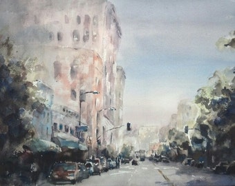 California, street scene, architecture. Los Angeles and 7th Street - Original Watercolor Painting 12" x 16".