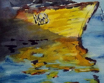 Nautical art, boat, reflection, harbor, yellow, ocean. A Time to Relect- original watercolor painting (6" x 6").